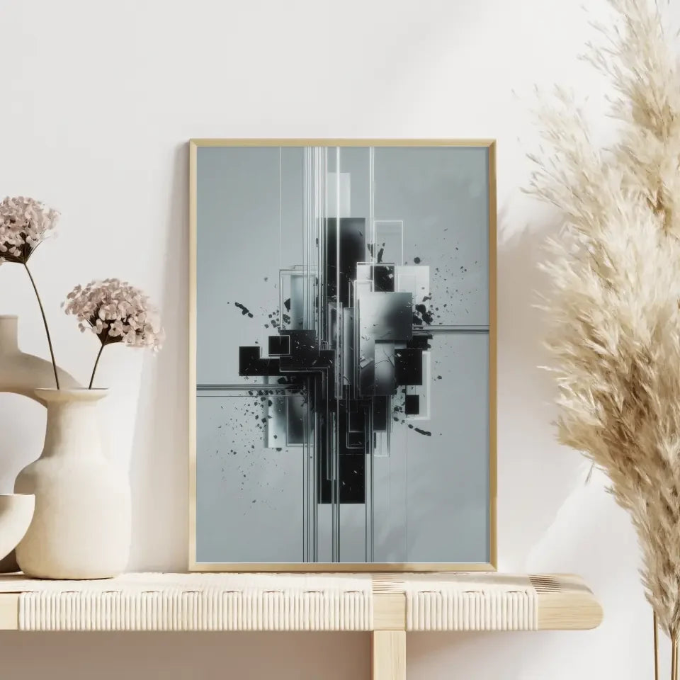 Abstraktes Poster mit geometrischen Formen und künstlerischen Spritzern