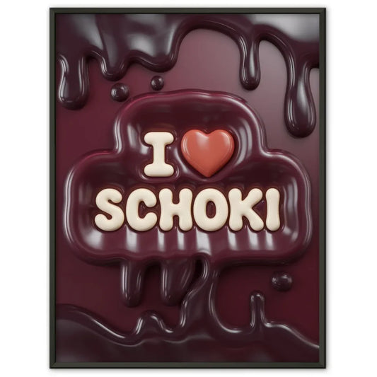 Kreatives Poster mit I Schoki Design in Creme auf dunkelrotem Hintergrund