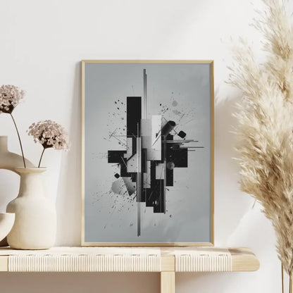 Abstraktes Poster mit geometrischen Formen und künstlerischen Tintenspritzern