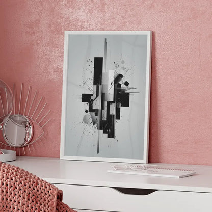 Abstraktes Poster mit geometrischen Formen und künstlerischen Tintenspritzern