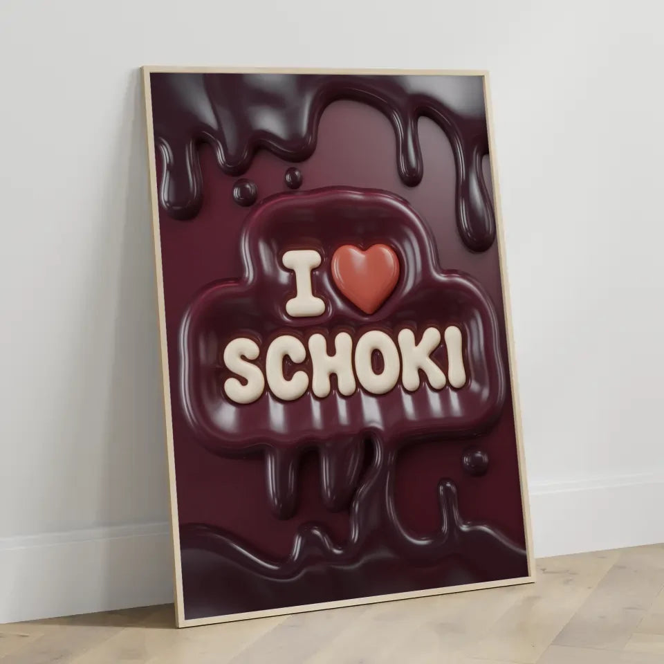 Kreatives Poster mit I Schoki Design in Creme auf dunkelrotem Hintergrund