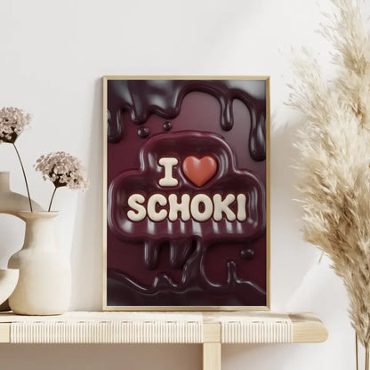 Kreatives Poster mit I Schoki Design in Creme auf dunkelrotem Hintergrund