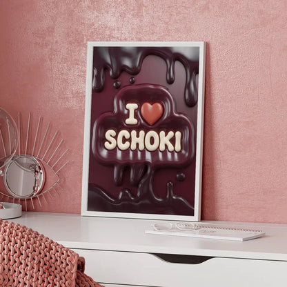 Kreatives Poster mit I Schoki Design in Creme auf dunkelrotem Hintergrund