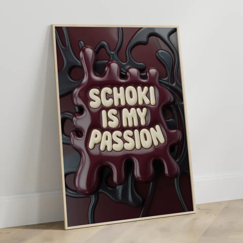 Kreatives Poster Schoki is my passion in Creme auf dunkelrotem Hintergrund