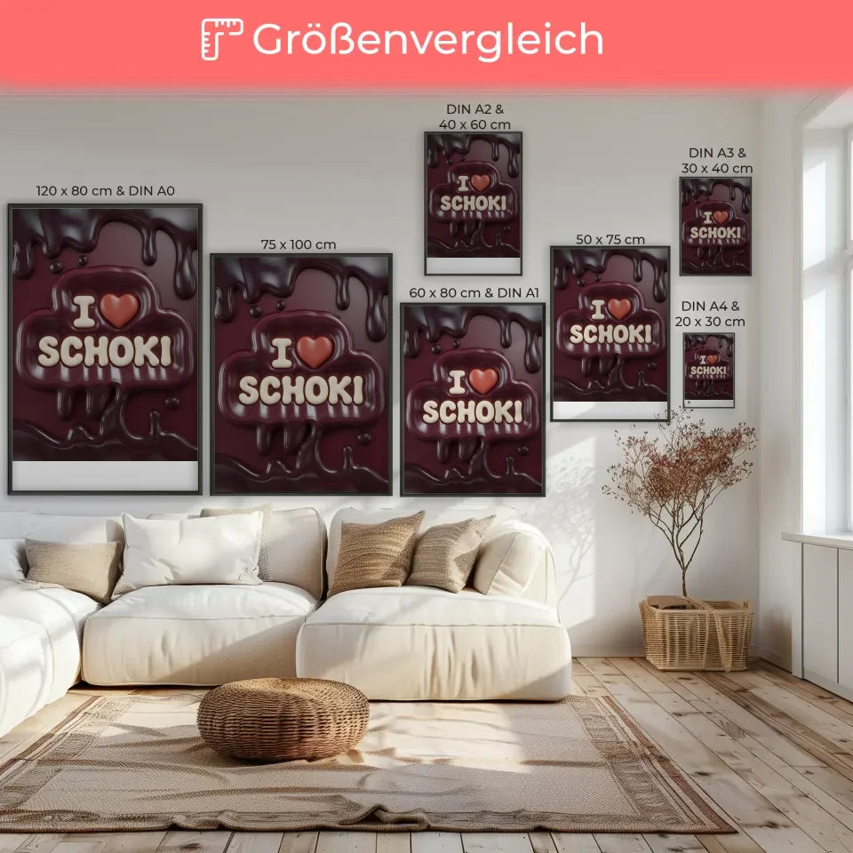 Kreatives Poster mit I Schoki Design in Creme auf dunkelrotem Hintergrund