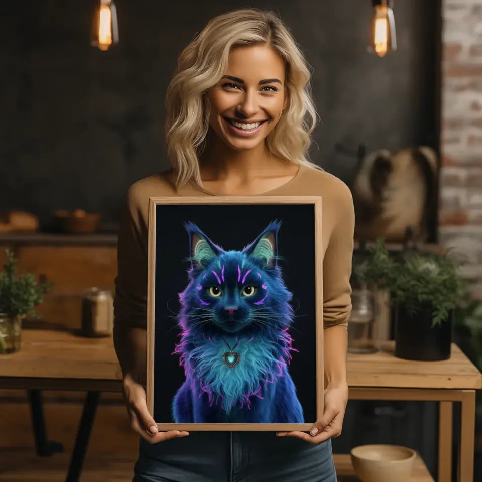 Fesselnder Poster einer fantasievollen dunklen Katze im neon Design
