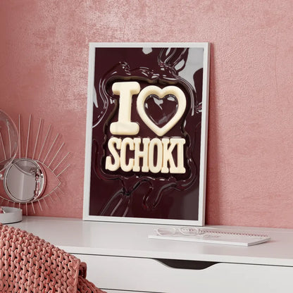 Poster mit matschigem Design und text I Schoki auf dunkelrotem Hintergrund