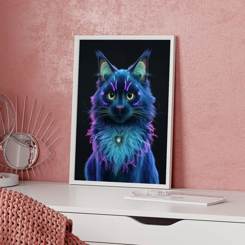 Fesselnder Poster einer fantasievollen dunklen Katze im neon Design