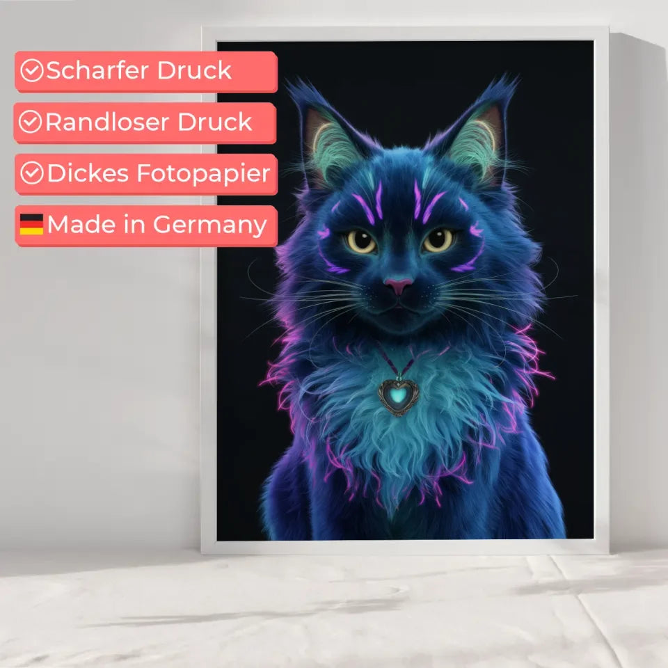 Fesselnder Poster einer fantasievollen dunklen Katze im neon Design