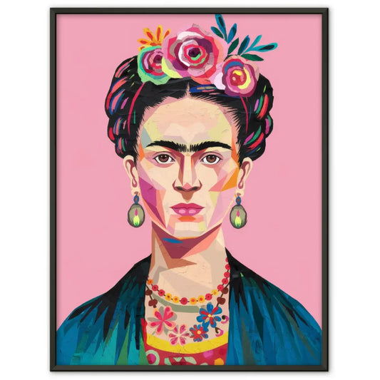 Poster Frida Kahlo mit Blumenkrone abstrakte Illustration rosa Hintergrund