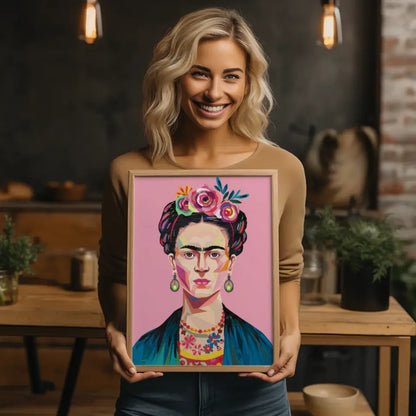 Poster Frida Kahlo mit Blumenkrone abstrakte Illustration rosa Hintergrund