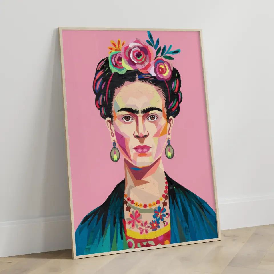 Poster Frida Kahlo mit Blumenkrone abstrakte Illustration rosa Hintergrund