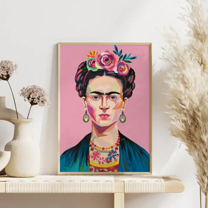 Poster Frida Kahlo mit Blumenkrone abstrakte Illustration rosa Hintergrund