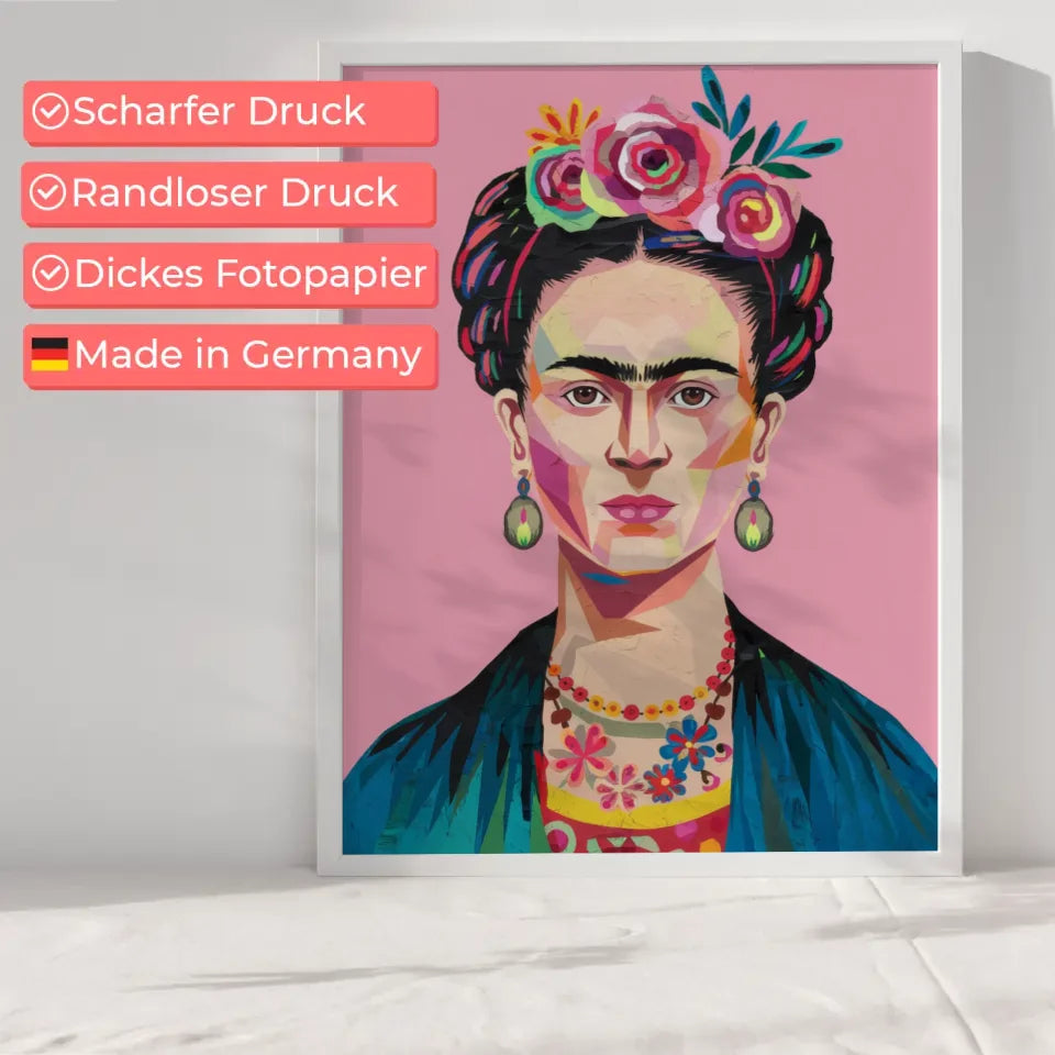 Poster Frida Kahlo mit Blumenkrone abstrakte Illustration rosa Hintergrund