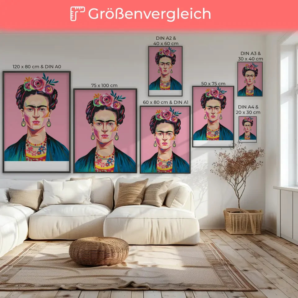 Poster Frida Kahlo mit Blumenkrone abstrakte Illustration rosa Hintergrund