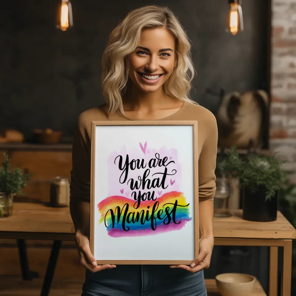 Inspirierendes Poster mit Aquarell und Zitat Du bist was du manifestierst