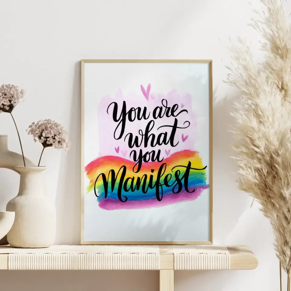 Inspirierendes Poster mit Aquarell und Zitat Du bist was du manifestierst