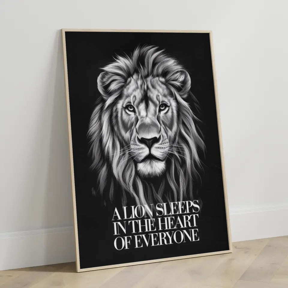 Löwenkopf Poster mit Zitat Mut und Tapferkeit Schwarz-Weiß Kunst