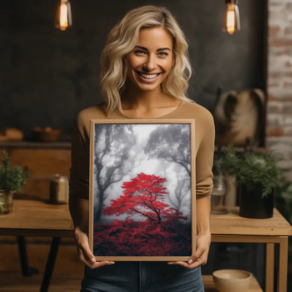 Poster nebliger Wald mit rotem Baum in voller Blüte für Traumräume