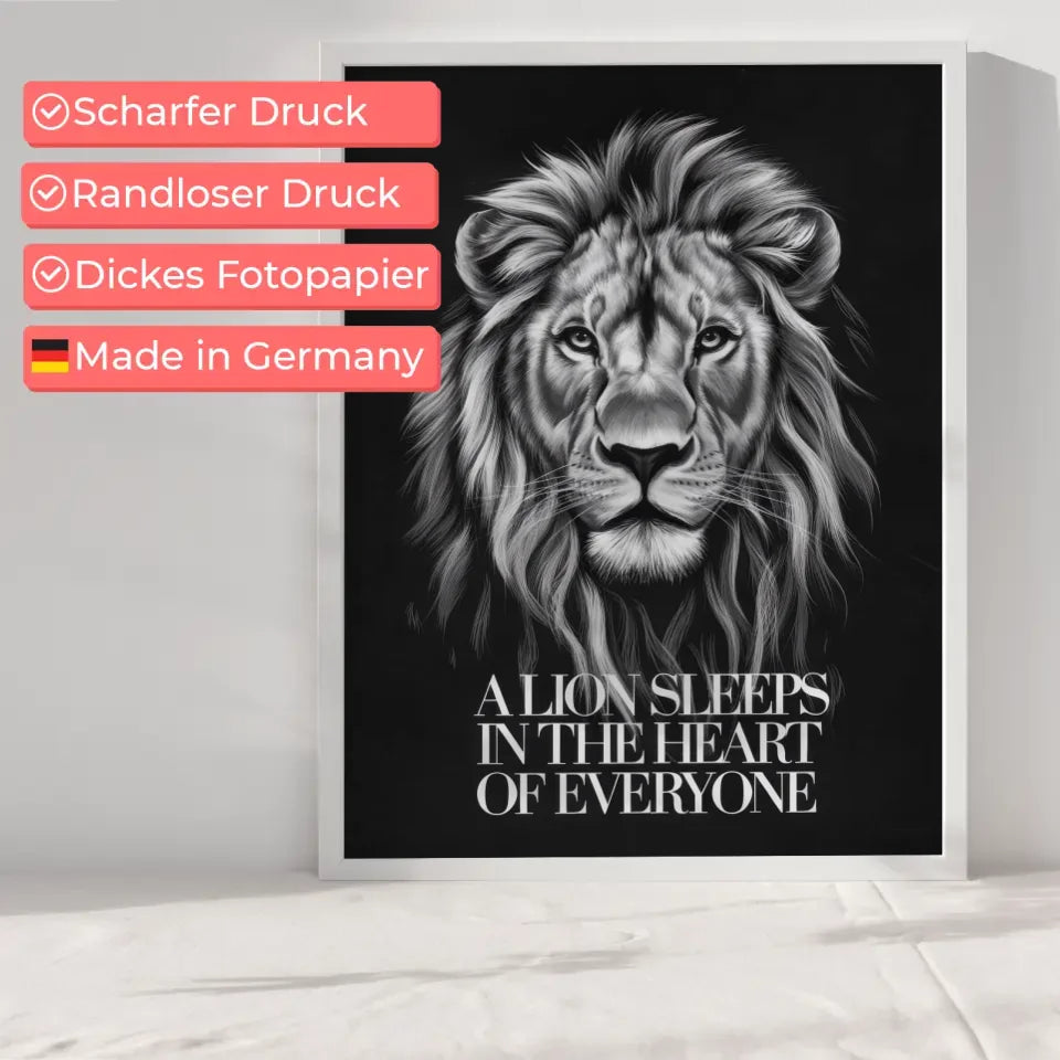 Löwenkopf Poster mit Zitat Mut und Tapferkeit Schwarz-Weiß Kunst