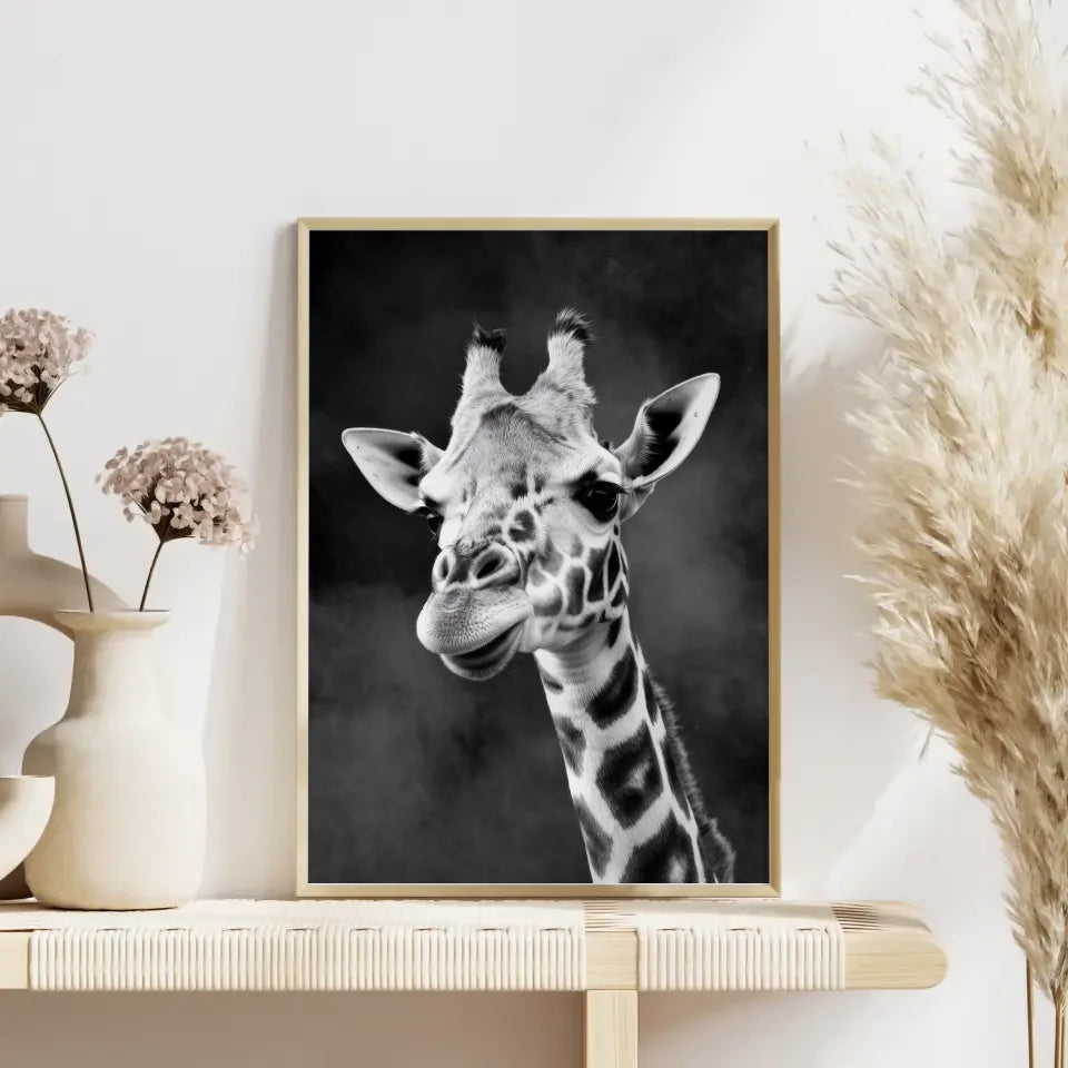 Giraffen Poster Schwarz-Weiß foto mit Gesicht und Hals im Dunkeln