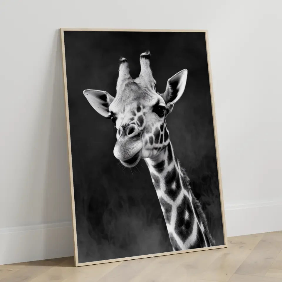 Poster Giraffe Schwarz-Weiß Foto mit faszinierenden Details kaufen