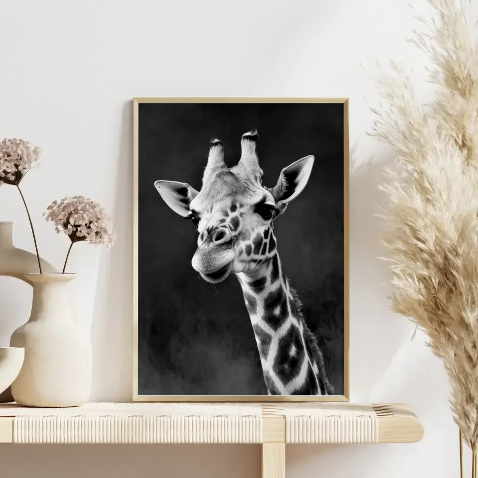 Poster Giraffe Schwarz-Weiß Foto mit faszinierenden Details kaufen