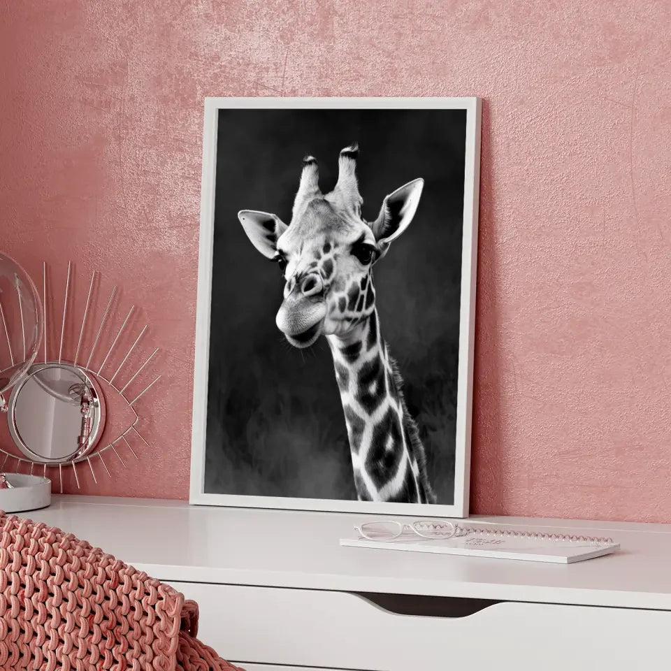 Poster Giraffe Schwarz-Weiß Foto mit faszinierenden Details kaufen