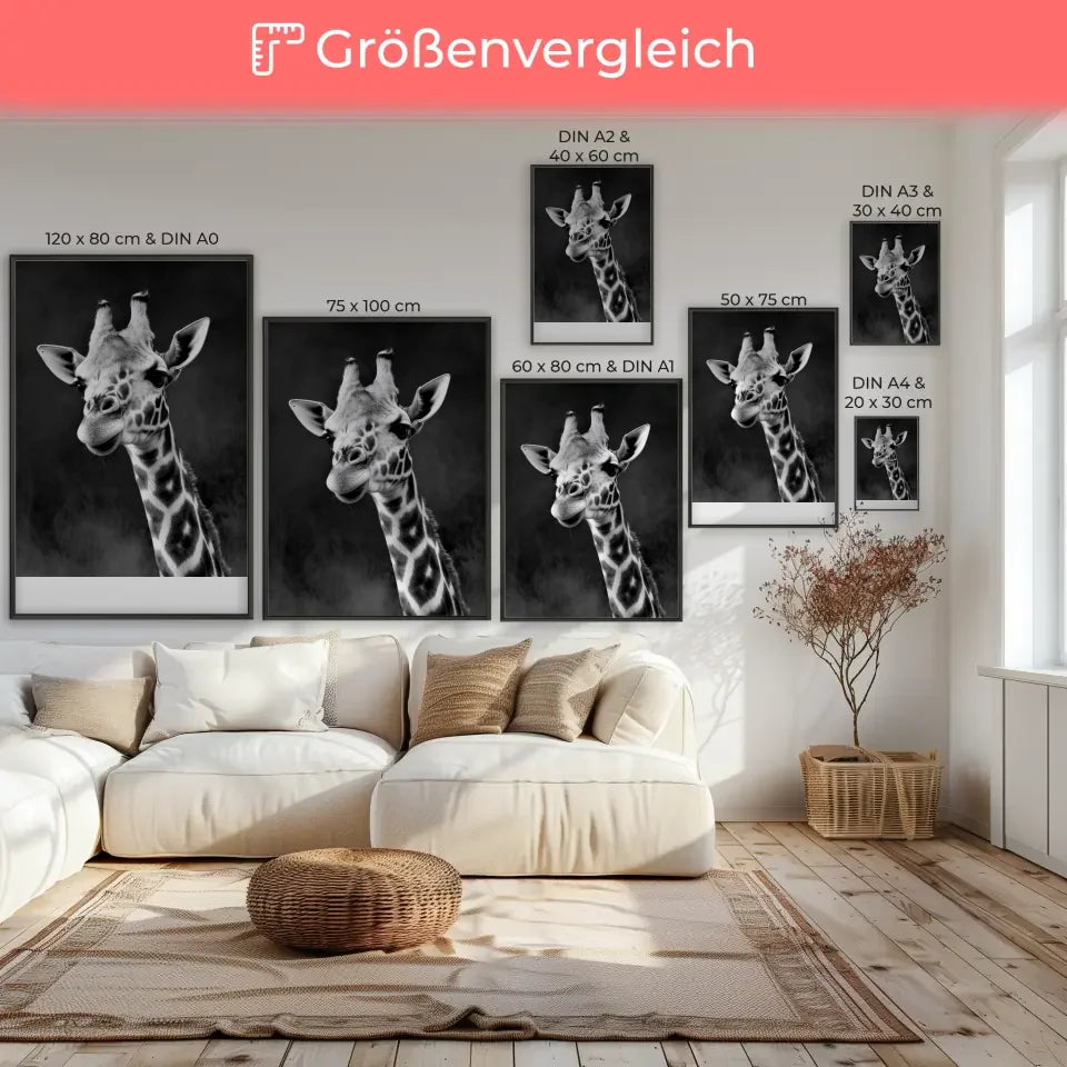 Poster Giraffe Schwarz-Weiß Foto mit faszinierenden Details kaufen