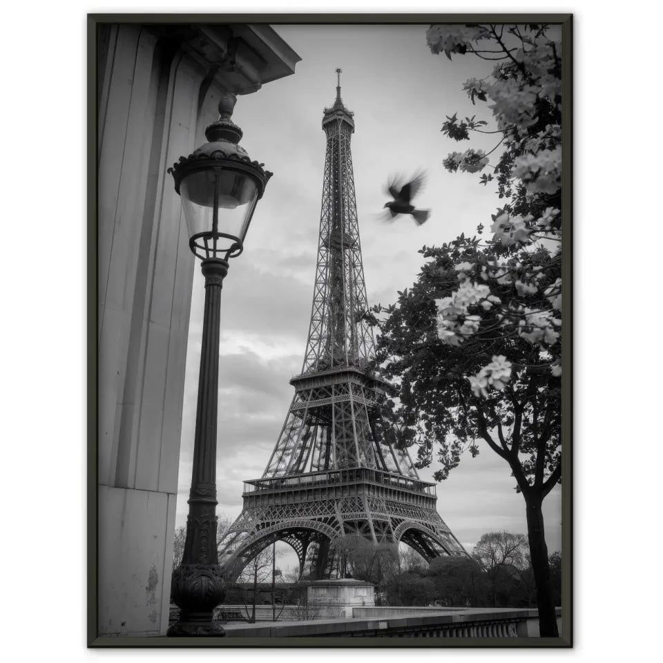 Schwarz-Weiß Poster Eiffelturm Paris mit Laternenpfahl und Blüten