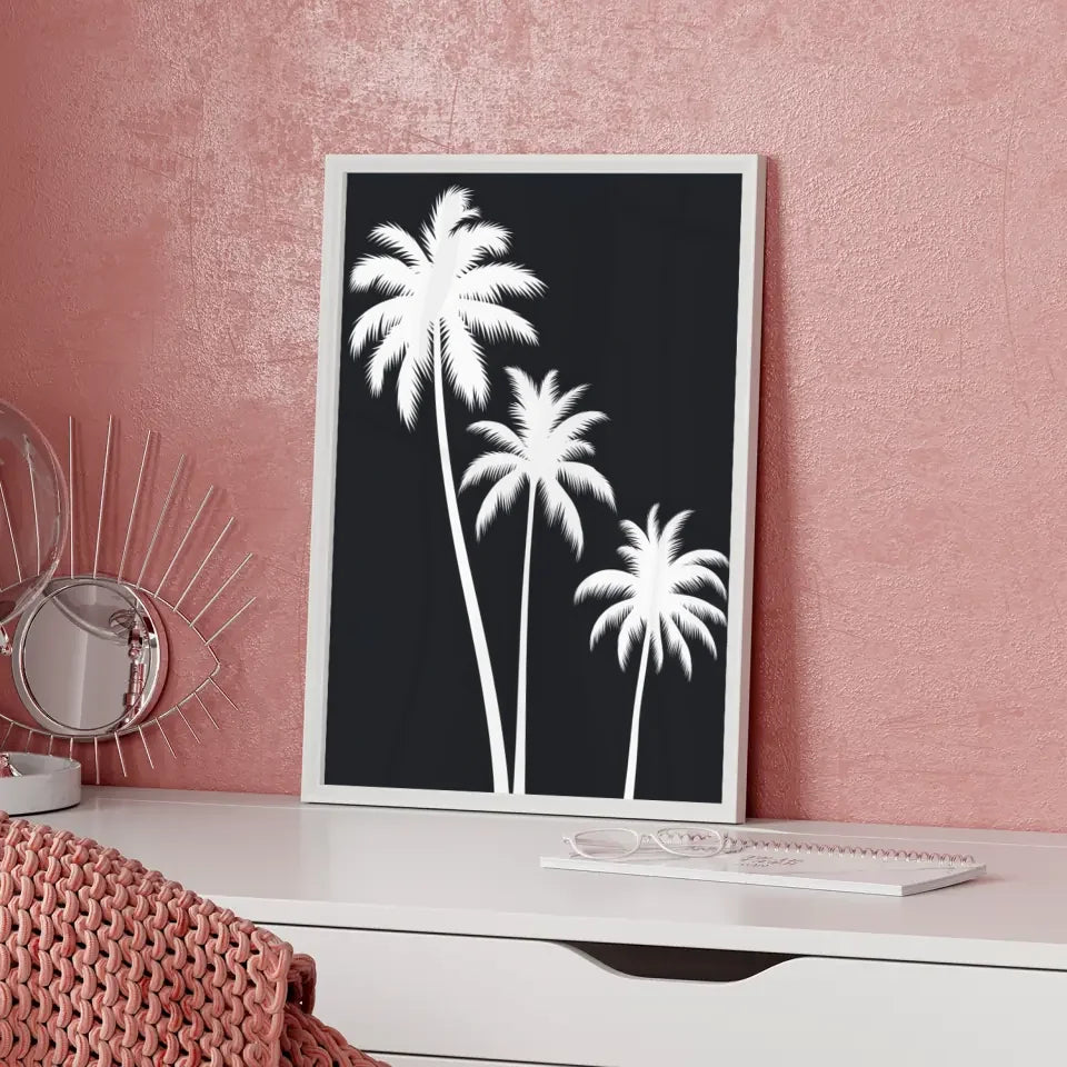 Schwarz-weißer Palmensilhouette Poster für stilvolle Wanddekoration