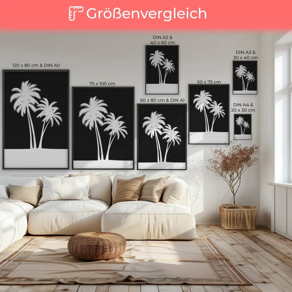 Schwarz-Weiß Poster mit Silhouette von drei Palmen im modernen Stil