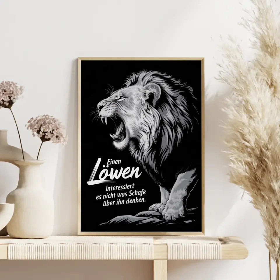 Poster brüllender Löwe schwarz weiß Illustration mit Zitat Kunstwerk