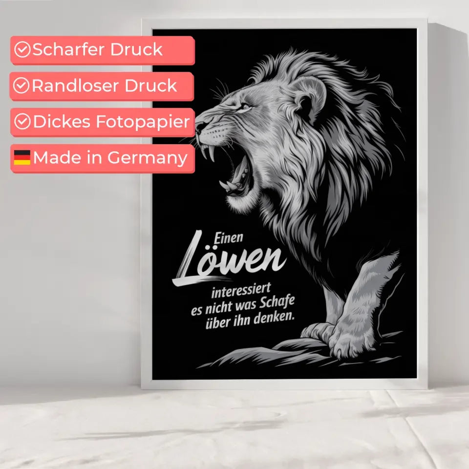 Poster brüllender Löwe schwarz weiß Illustration mit Zitat Kunstwerk