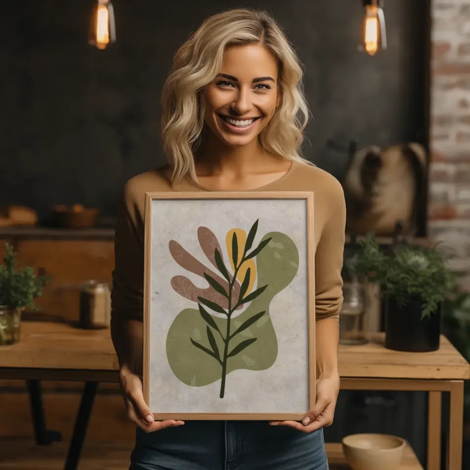 Abstraktes Poster mit grünem Zweig und Boho-Style für dein Zuhause