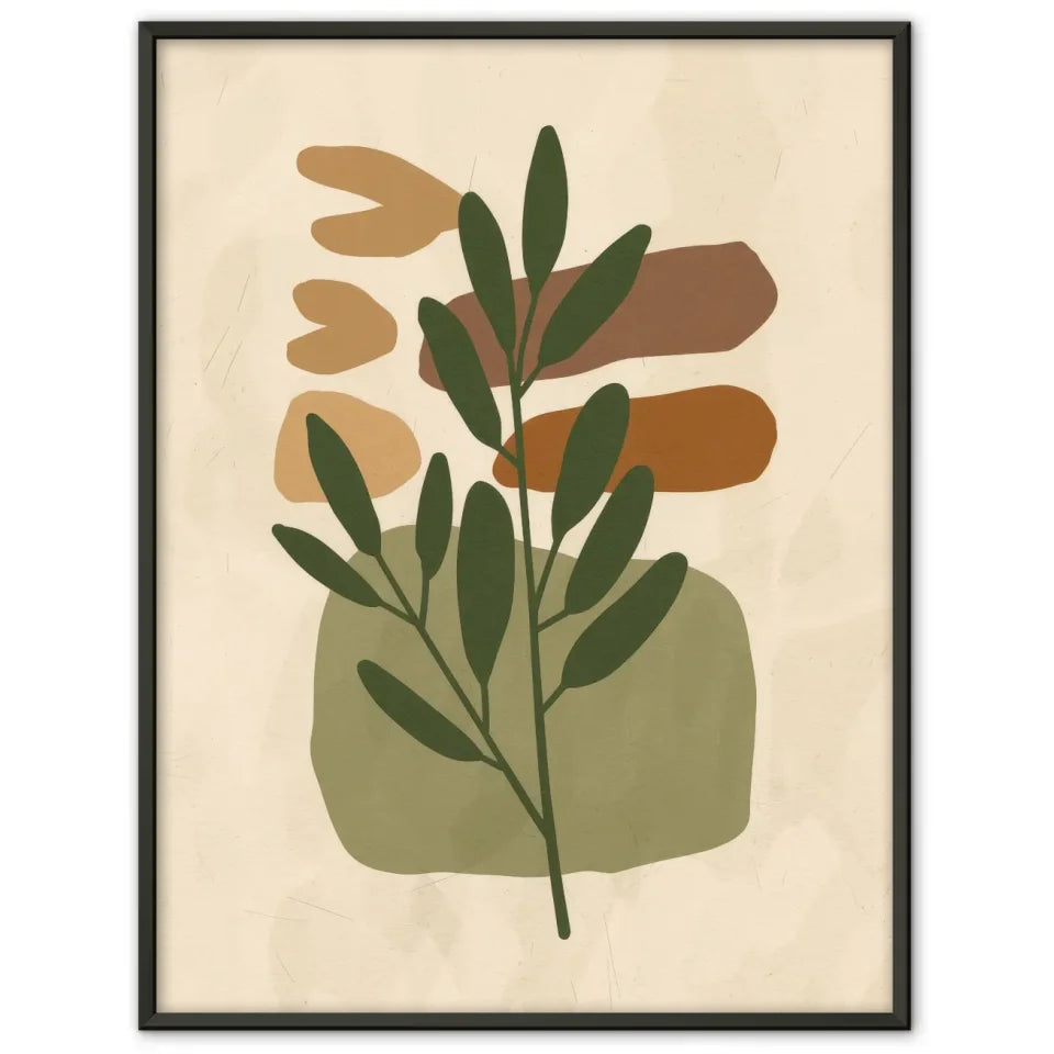 Abstraktes Boho Poster mit grünem Zweig und Braun Orange Formen
