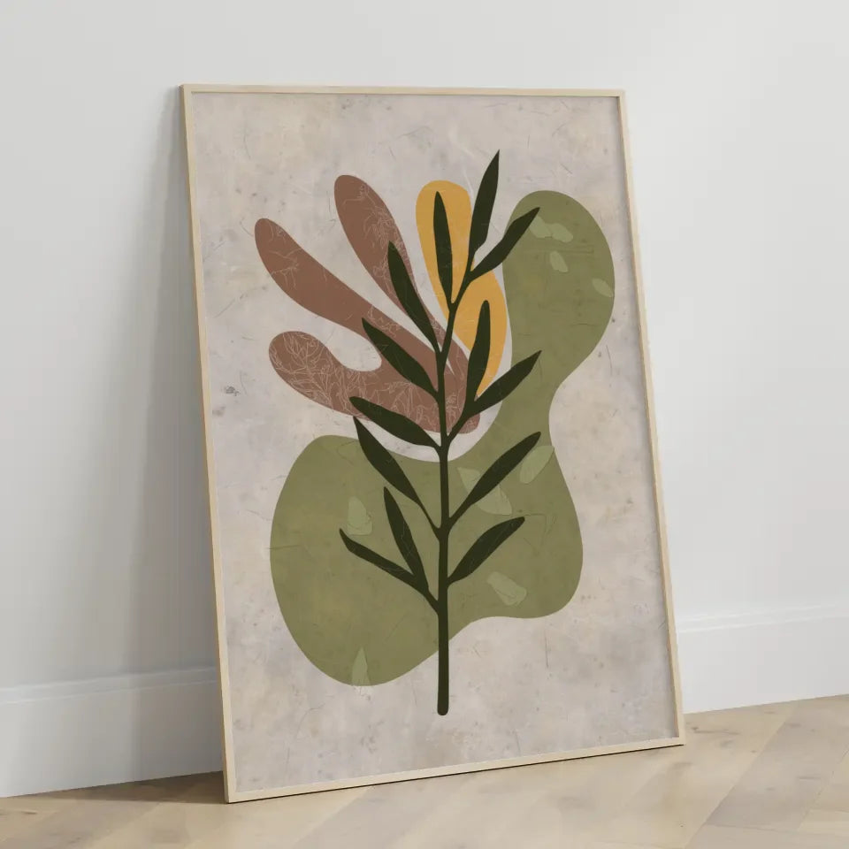 Abstraktes Poster mit grünem Zweig und Boho-Style für dein Zuhause