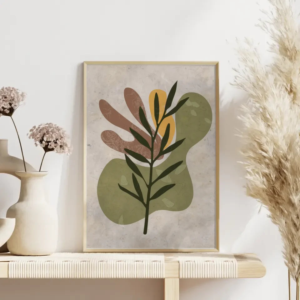 Abstraktes Poster mit grünem Zweig und Boho-Style für dein Zuhause