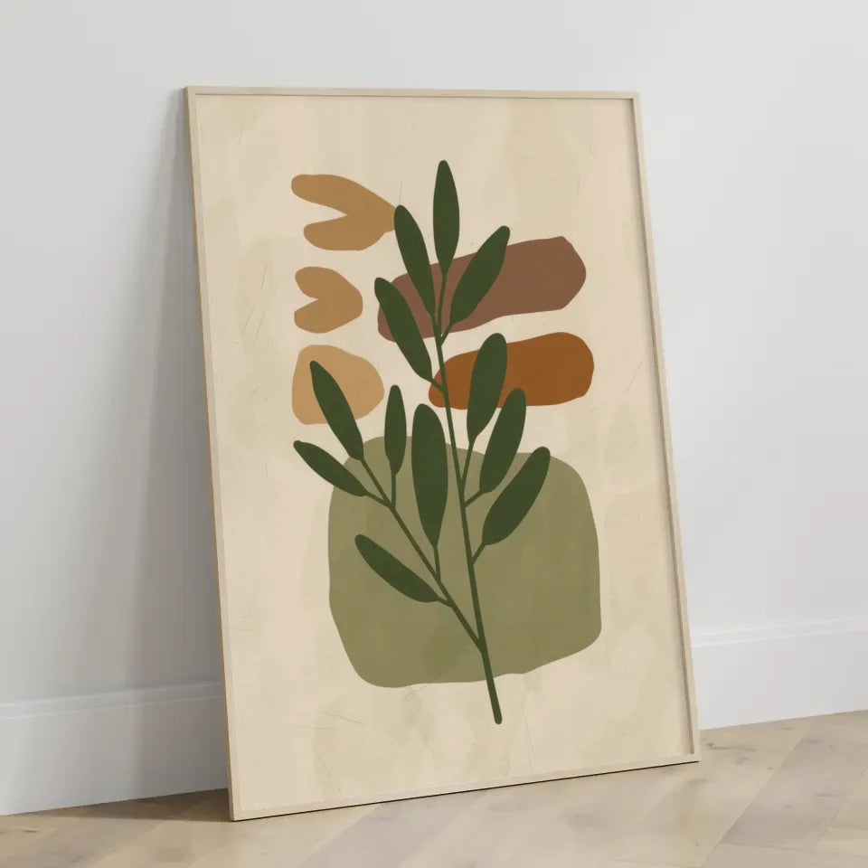 Abstraktes Boho Poster mit grünem Zweig und Braun Orange Formen