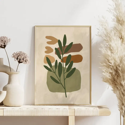 Abstraktes Boho Poster mit grünem Zweig und Braun Orange Formen