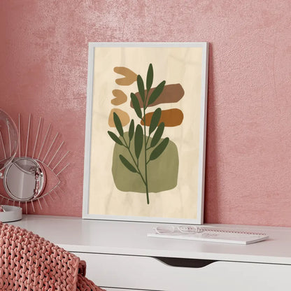 Abstraktes Boho Poster mit grünem Zweig und Braun Orange Formen