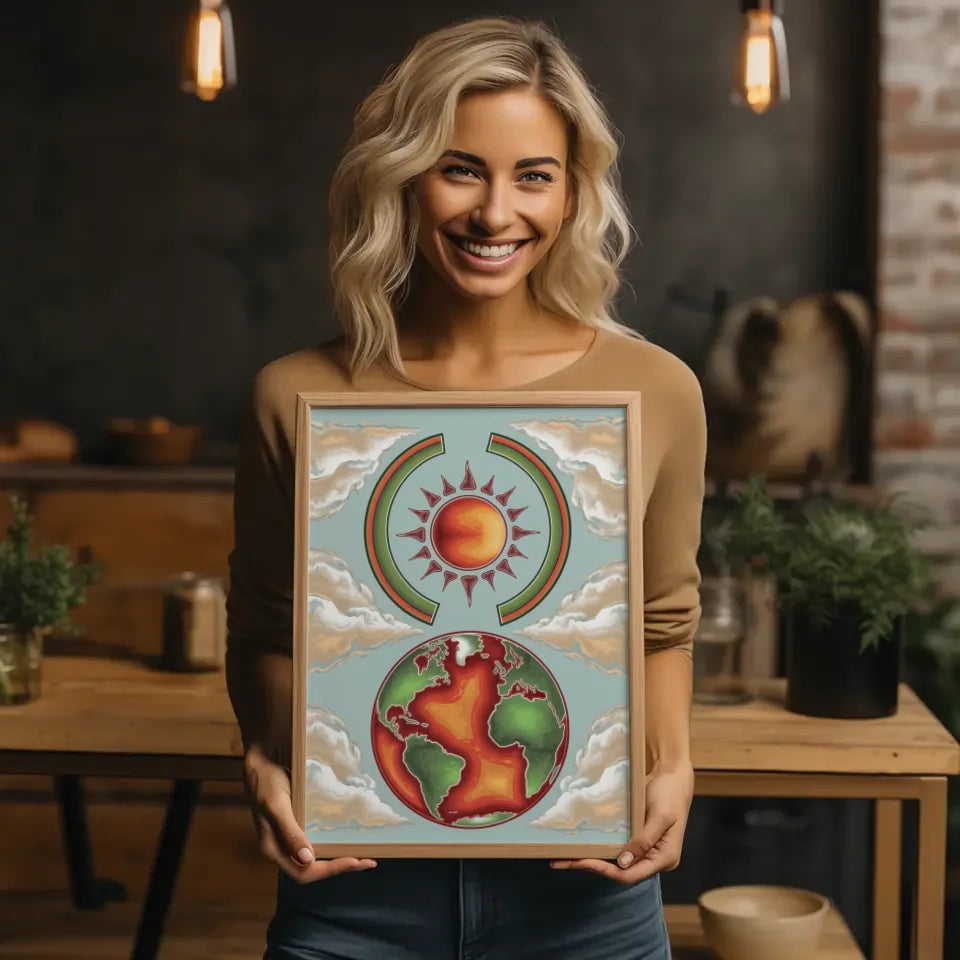 Boho Poster mit Erdkugel in Grün und Rot für ansprechende Wanddekoration