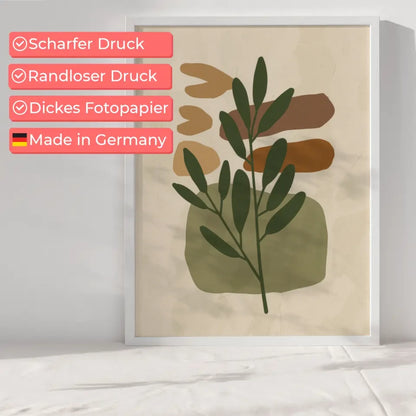 Abstraktes Boho Poster mit grünem Zweig und Braun Orange Formen
