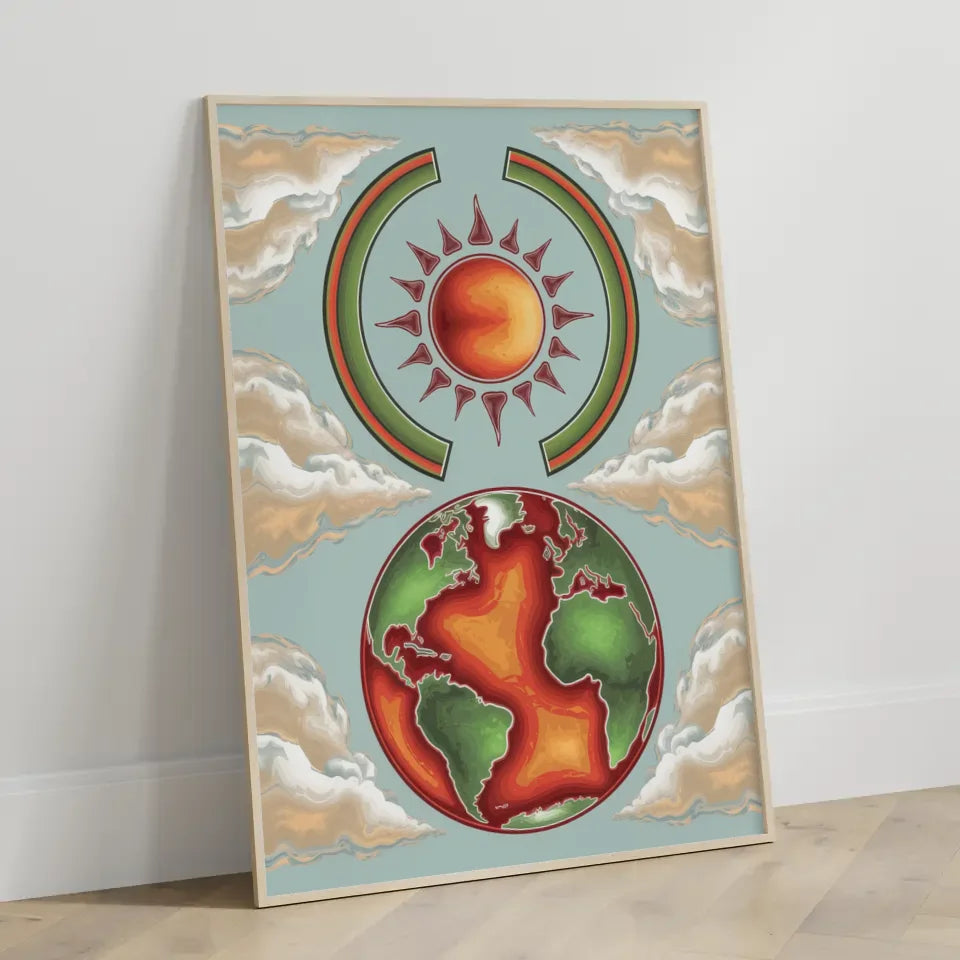 Boho Poster mit Erdkugel in Grün und Rot für ansprechende Wanddekoration