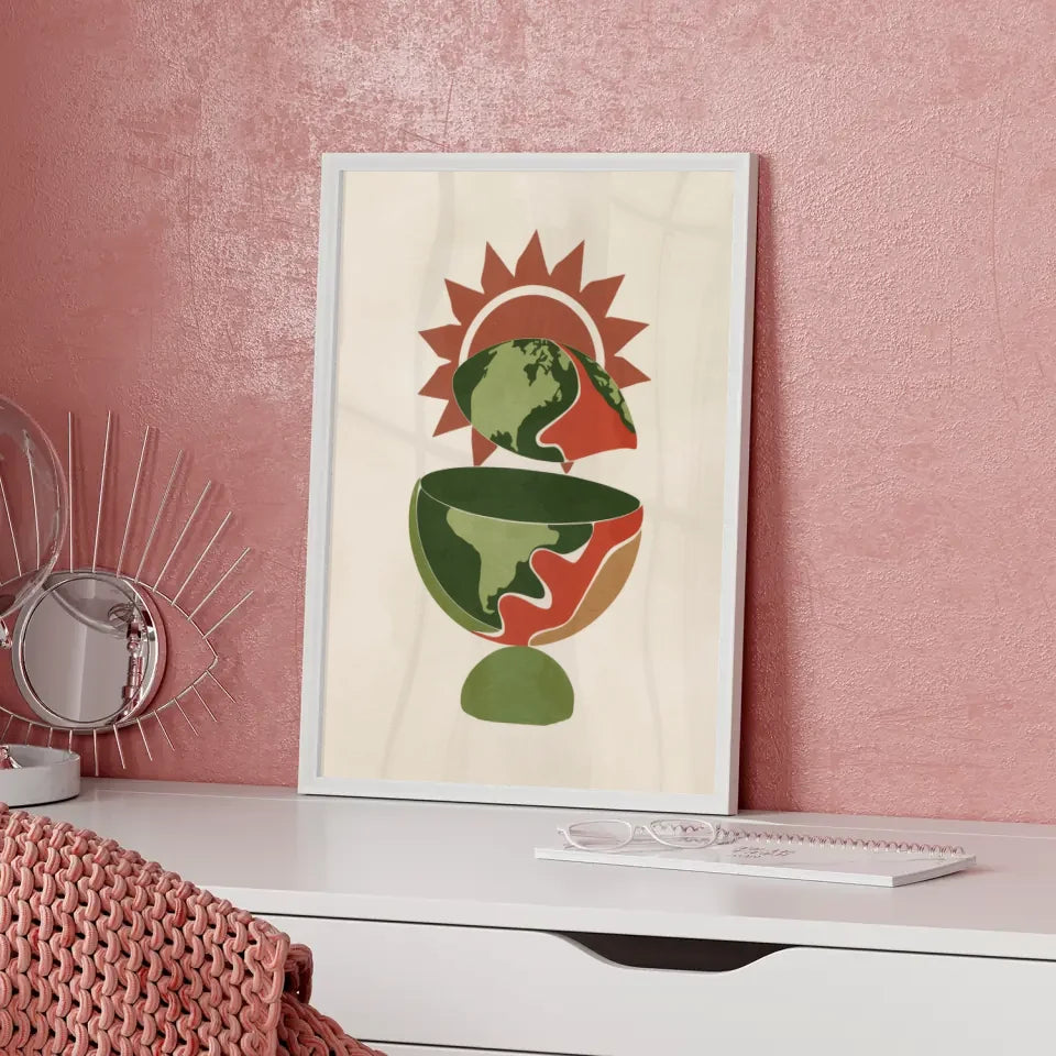 Poster Frida Kahlo mit Blumenkrone abstrakte Illustration rosa Hintergrund