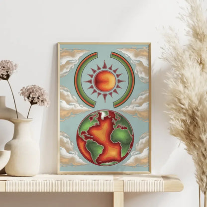 Boho Poster mit Erdkugel in Grün und Rot für ansprechende Wanddekoration