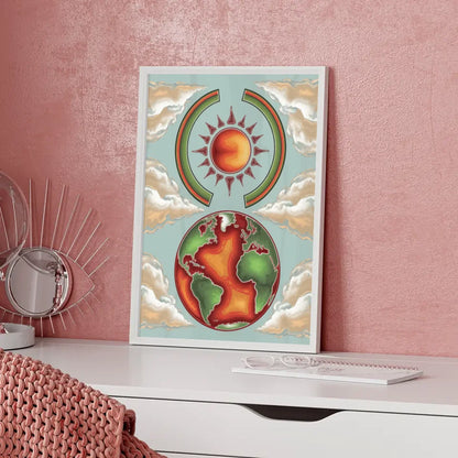 Boho Poster mit Erdkugel in Grün und Rot für ansprechende Wanddekoration