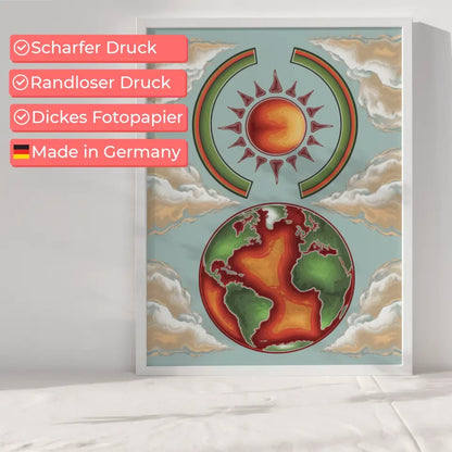 Boho Poster mit Erdkugel in Grün und Rot für ansprechende Wanddekoration