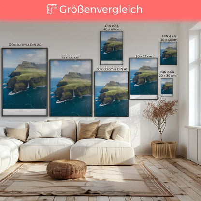 Küstenregion Poster mit Wasserfall und steilen Klippen im Grün