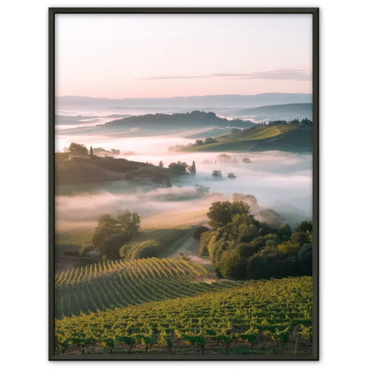 Atemberaubendes Poster mit Weinbergen und sanften Hügeln im Nebel